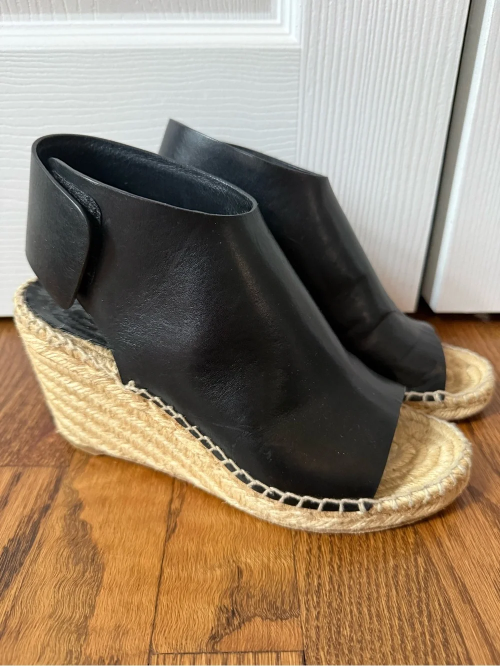 Celine Black Leather Espadrille Wedge Sandals
